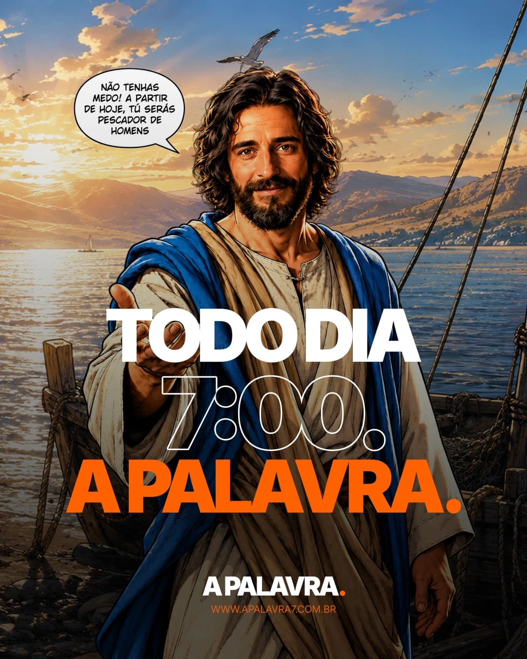 Postagem de A Palavra: "Todo dia 7:00", com Jesus estendendo a mão à beira do lago